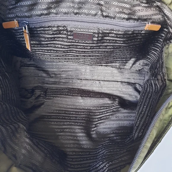 PRADA Vela Saffiano Leather Tessuto Tote Zip Green Enamel Triangle Logo Tan Bag